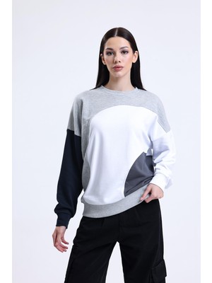 Pulur.co Gri Melanj Parçalı Bisiklet Yaka Sweatshirt