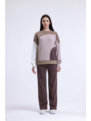 Pulur.co Camel Parçalı Bisiklet Yaka Sweatshirt