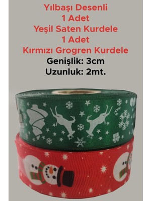 Netsan Etiket 3cm x 2mt Yılbaşı Desenli Yeşil Saten Kurdele + Kırmızı Grogren Kurdele