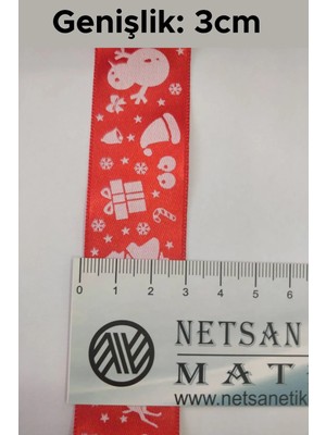 Netsan Etiket 3cm x 5 mt Yılbaşı Desenli Kırmızı Renk Saten Kurdele