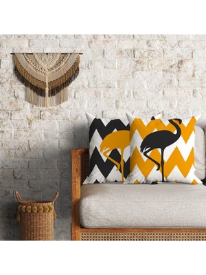 Hardal ve Gri Renk Flamingo Desenli Çift Taraflı Dekoratif 2'li Minder Kılıfı Seti 60 x 60 cm