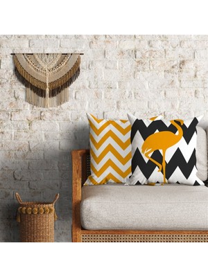 Flamingo ve Zigzag Çift Taraflı Dekoratif 2'li Minder Kılıfı Seti 60 x 60 cm