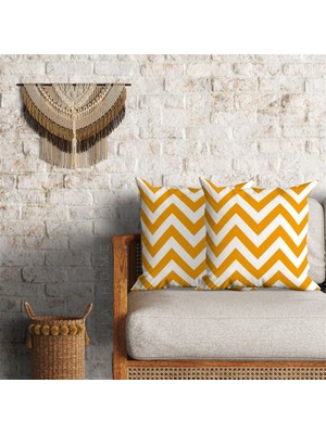 Hardal Beyaz Renk Zigzag Desenli Çift Taraflı Dekoratif 2'li Minder Kılıfı Seti 60 x 60 cm