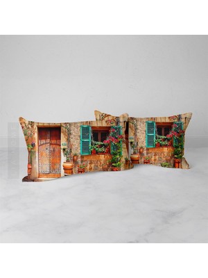 Alaçatı Taş Evi Baskılı Dekoratif 2'li Yastık Kılıfı Seti 30 x 55 cm