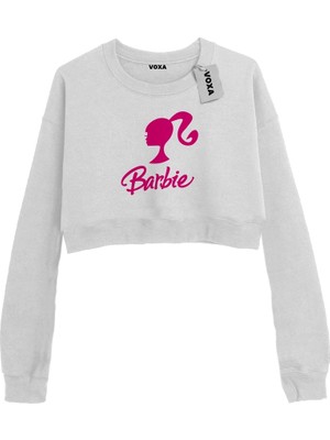 VOXA Basic Crop Bisiklet Yaka Uzun Kollu Barbie Baskılı Beyaz Sweatshirt