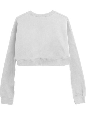 VOXA Basic Crop Bisiklet Yaka Uzun Kollu Barbie Baskılı Beyaz Sweatshirt