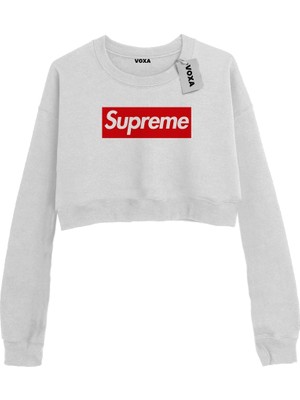 VOXA Basic Crop Bisiklet Yaka Uzun Kollu Supreme Yazılı Sweat