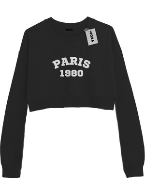 VOXA Basic Crop Bisiklet Yaka Uzun Kollu Paris Yazılı Siyah Sweatshirt