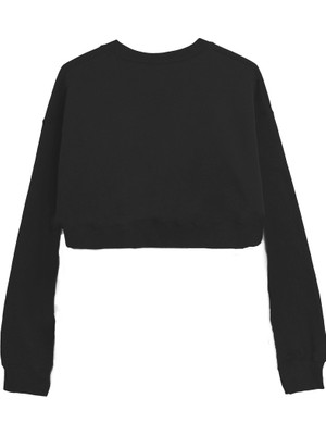 VOXA Basic Crop Bisiklet Yaka Uzun Kollu Paris Yazılı Siyah Sweatshirt