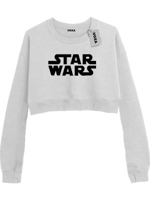 VOXA Basic Crop Bisiklet Yaka Uzun Kollu Star Wars Yazılı Sweat