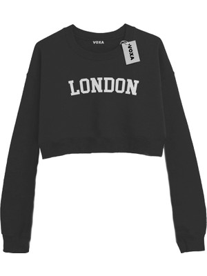 VOXA Basic Crop Bisiklet Yaka Uzun Kollu London Yazılı Sweat