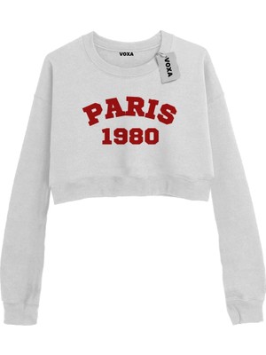 VOXA Basic Crop Bisiklet Yaka Uzun Kollu Paris 1980 Sweat