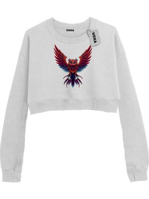 VOXA Basic Crop Bisiklet Yaka Uzun Kollu Baykuş Desenli Sweatshirt