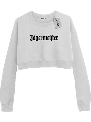 VOXA Basic Crop Bisiklet Yaka Uzun Kollu Jagermeister Yazılı Sweat