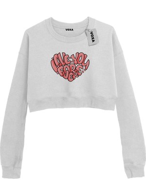 VOXA Basic Crop Bisiklet Yaka Uzun Kollu Love Desenli Sweat