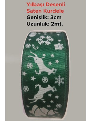 Netsan Etiket Yılbaşı Desenli Yeşil Renk Saten Kurdele Genişlik: 3cm. Uzunluk: 2mt.