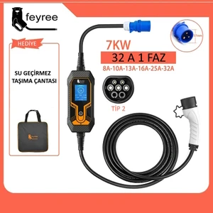 32A Tek Faz Tip 2 Şarj Kablosu 7kw 5m Ev Şarj Cihazı Elektrikli Araç Şarj Kablosu Cee Fişli, Değiştirilebilir Akım 8/10/13/16/25/32A, IP65