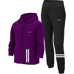 Poseidon Storm Kız Çocuk Mor Günlük Sporcu Eşofman Takımı 104CM-176CM Ön Cep Şeritli