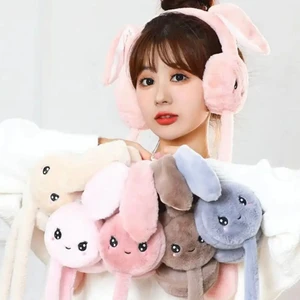 Tarz Çocuk Peluş Tavşan Hareketli Oynar Kulaklı Çocuk Kulak Isıtıcı Koruyucu - Koyu Pembe