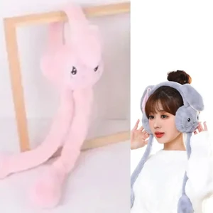 Tarz Çocuk Peluş Tavşan Hareketli Oynar Kulaklı Çocuk Kulak Isıtıcı Koruyucu - Açık Pembe