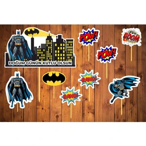 Atölye7 Tasarım 9 Adet Batman ve Gotham Kürdanlı Cupcake Pasta Süsü Süsleme Kalın Kağıt