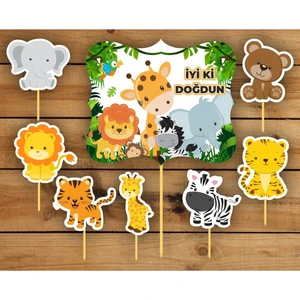Atölye7 Tasarım 8 Adet Sevimli Hayvanlar Safari Kürdanlı Cupcake Pasta Süsü Süsleme Kalın Kağıt