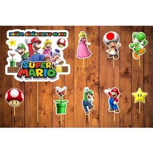 Atölye7 Tasarım 9 Adet Mario Karakterleri Doğum Günün Kürdanlı Cupcake Pasta Süsü Süsleme Kalın Kağıt