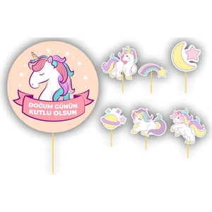 Atölye7 Tasarım 7 Adet Unicorn Doğum Günün Kutlu Olsun Kürdanlı Cupcake Pasta Süsü Süsleme Kalın Kağıt