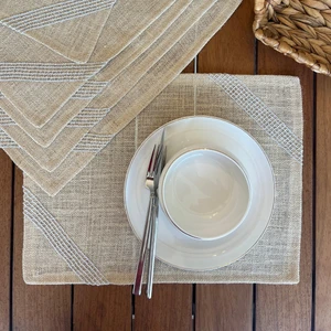 Gri Işlemeli Linen Keten Amerikan Servis 6' Lı