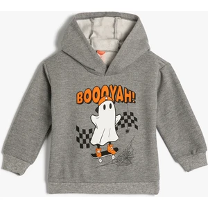 Kapşonlu Sweatshirt Uzun Kollu Hayalet Baskı Detaylı Şardonlu