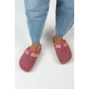 Juno Kadın Tekstil Kürklü Deri Kemerli Tokalı Lila Terlik