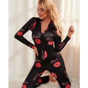 Lolli Boom Kids Kadın Giyim Dudak / Öpücük Baskılı Siyah Üzeri Kırmızı Ruj Öpücük Tulum Düğme Kapamalı - Pamuklu Örme Ev Giyim