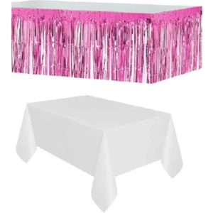 Party Fantasy Plastik Beyaz Masa Örtüsü - Pembe Metalize Masa Eteği Püskülü