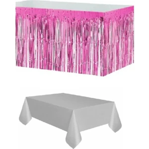Party Fantasy Plastik Gümüş Masa Örtüsü - Pembe Metalize Masa Eteği Püskülü