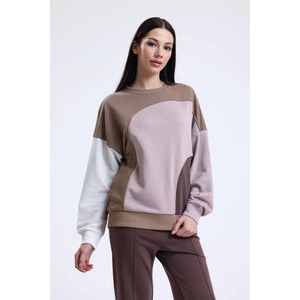 Camel Parçalı Bisiklet Yaka Sweatshirt