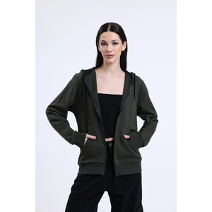 Haki Kapüşonlu Fermuarlı Hırka