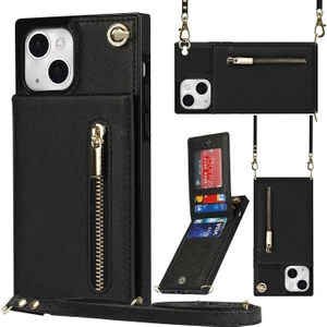 Forestl Digital Iphone 14 Için Kickstand Telefon Kapağı Plus Deri Kaplamalı Tpu Fermuar Cüzdan Omuz Kayışı Black ile Telefon Kılıfı (Yurt Dışından)