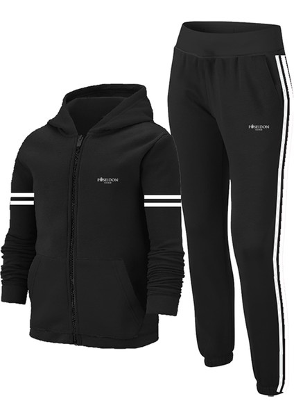 Erkek Çocuk Siyah Günlük Sporcu Eşofman Takımı 104CM-176CM Kollar Şeritli