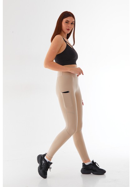 Kadın Spor Cepli Toparlayıcı Kadın Spor Taytı Leggins Krem