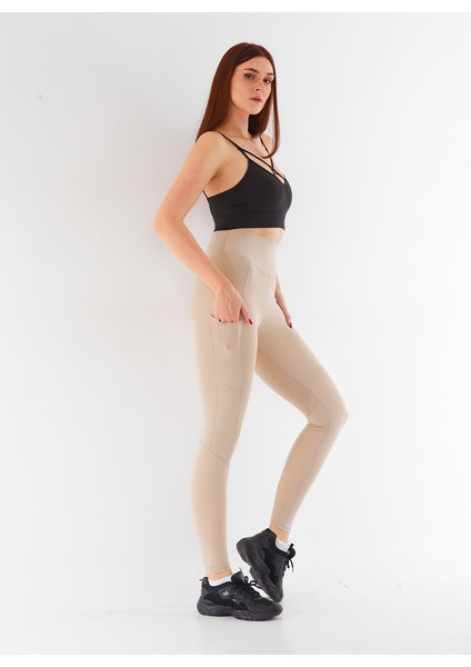 Kadın Spor Cepli Toparlayıcı Kadın Spor Taytı Leggins Krem fırsatları