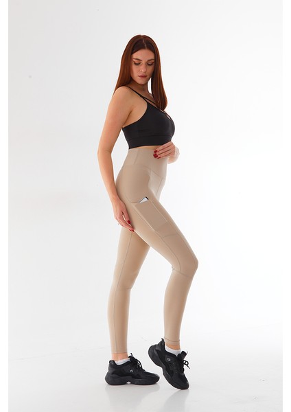 Kadın Spor Cepli Toparlayıcı Kadın Spor Taytı Leggins Krem indirimleri