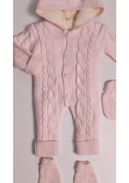 Trend Baby Kids 3-18 Ay Welsoftlu Saç Örgülü Kapişonlu Triko Tulum Set Pembe