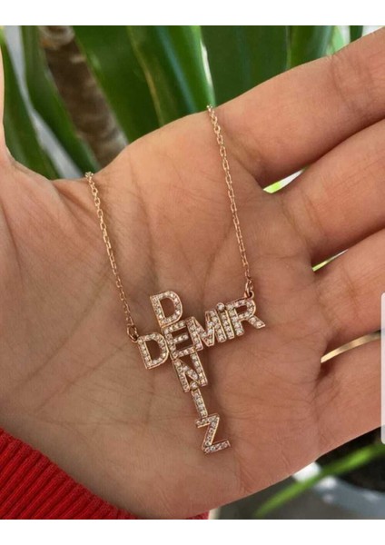 Kişiye Özel Ikili Demir-Deniz Yazılı Taşlı 925 Ayar Gümüş Kolye