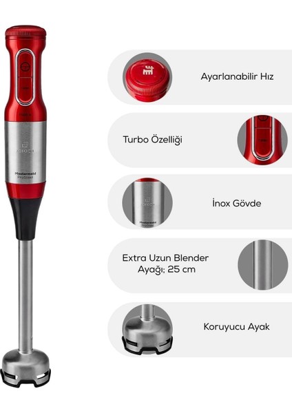 Mastermaid Prosteel Cam Mutfak Robotu Uzun Blender Ayaklı 6 Bıçaklı 2500 W Imperial Red