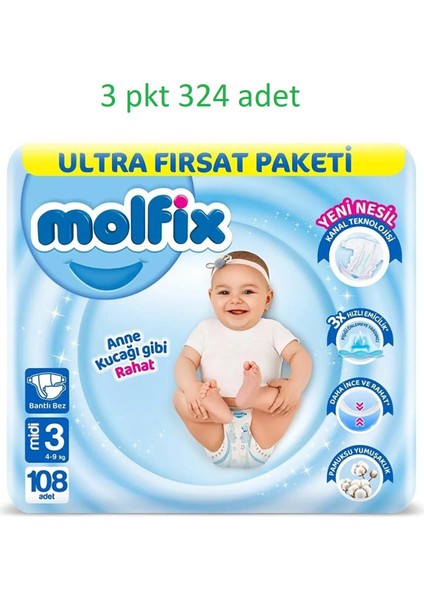 Ultra Fırsat Paketi Midi 3 Numara 108*3 (324 Adet) (4-9kg)