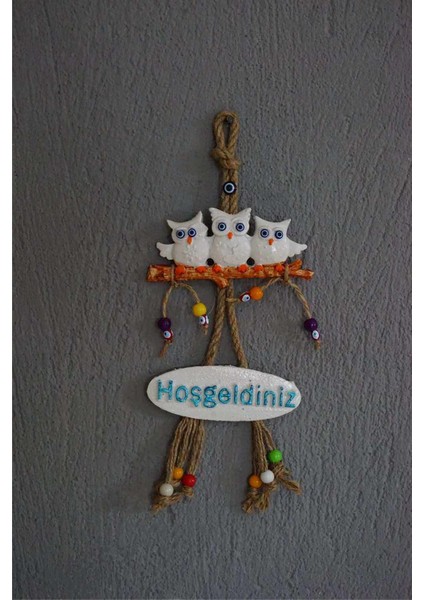 Hoşgeldiniz Beyaz 3 lü Baykuş Kapı Duvar Süsü