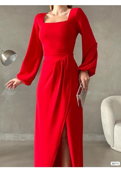 Kadın U Yaka Belden Yırtmaçlı Ithal Krep Kumaş Elbise (Renkli) modelleri