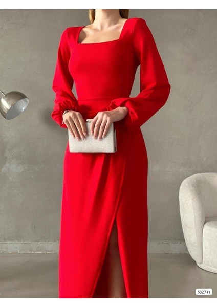 Kadın U Yaka Belden Yırtmaçlı Ithal Krep Kumaş Elbise (Renkli) fırsatları