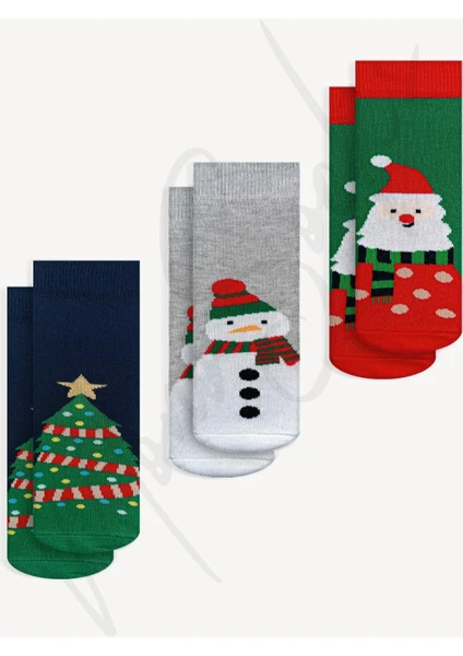 Mono Socks - 3'lü Çocuk Atkılı Noel Desenli Çorap