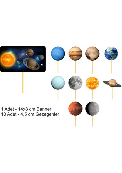 Atölye7 Tasarım Gezegenler 11 Adet Özel Kesim Hazır Pasta Kürdanı Üstü Süsü Hd Tek Taraf Kalın